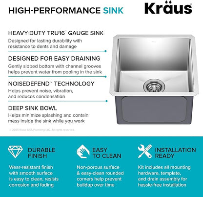 Kraus Kitchen Sink - Kraus Standart Pro 17-Inch Undermount Single Bowl, 16 Gauge Stainless Steel Kitchen Sinks, KHU101-17