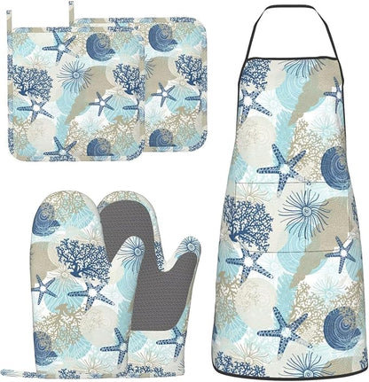 Nautical Coastal Oven Mitts Pot Holders Cooking Apron Set of 5 Silicone by Unknown