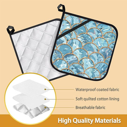 Mermaid Fish Scales Marble Pot Holder Set of 2, Heat Resistant Potholders Oven - Image 3