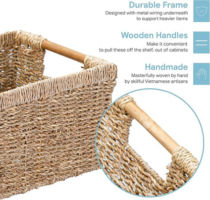 Natural Seagrass Basket with Wooden Handle, Medium Rectuangular Wicker Basket - Image 3