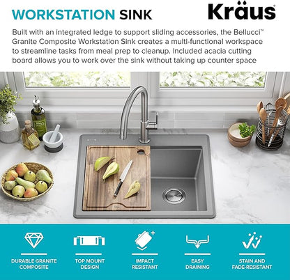 KRAUS Bellucci 25-inch Granite Workstation Drop In Top Mount Single Bowl Kitchen Sink in Metallic Grey with Accessories, KGTW12-25MGR