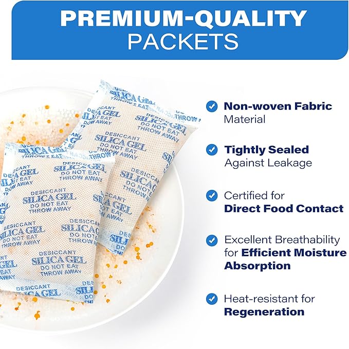 LotFancy Silica gel Desiccant, Assorted Sizes (3/5/10/20/50 Gram) Silica Gel Packets, 100Packs Total, Rechargeable Desiccant Packets with Orange Color Indicating, Food Safe