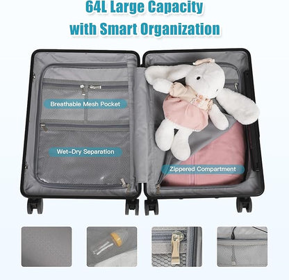 20" Carry-On Luggage with Seat for Kids & Adults, Lightweight Hardside Ride-On Suitcase with Front Opening, TSA Lock, 360° Spinner Wheels (Black, 20-inch)