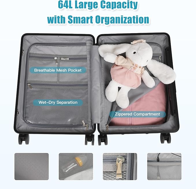 22" Ride On Luggage with Seat for Kids & Adults, Lightweight Hardside Ride-On Suitcase with Front Opening, TSA Lock, 360° Spinner Wheels, Black