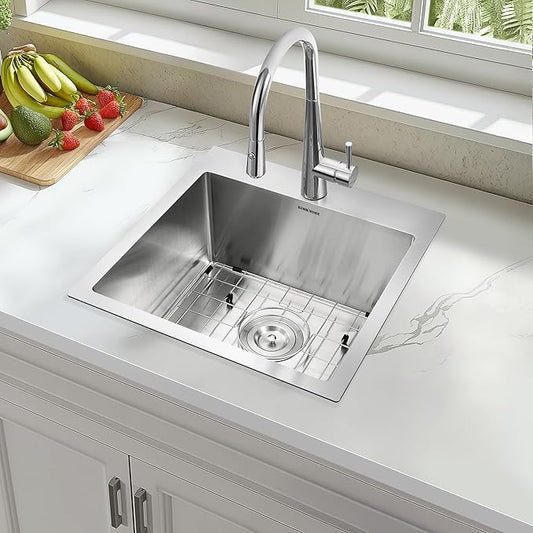 18-Inch Bar Sink Drop-In, SINKVINE Stainless Steel Kitchen Sink for Laundry Outdoor, RV, Top Mounted with Deep Single Bowl, 3.5" Drain Strainer, Bottom Rise Grid, Roll-up Drying Unit, 18 x 18 inch