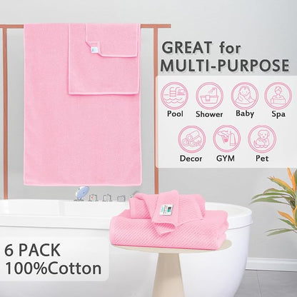 Pink Towels - 100% Cotton, Quick Dry, Lightweight, Towel Set of 6, 2 Large Bath - Image 3