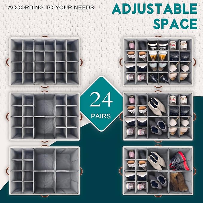 Shoe Organizer for Closet, Foldable Shoe Storage Bins with Clear Cover, Space Saving Shoes Holder with 4 Handles, Large Adjustable Shoe Box Storage Containers, Fits 12-24 Pairs, 2 Pack, Beige