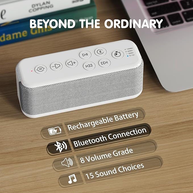OnLyee White Noise Sound Machine with Bluetooth Speaker, 15 Soothing Sounds, Office Privacy & Noise Canceling, 3000mAh Rechargeable Battery, Auto-Off Timer & 8-Level Volume– Ideal for Baby