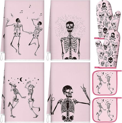Leinuosen 8 Pcs Skull Kitchen Decor Set Kitchen Towels Gothic Oven Mitts and by Leinuosen