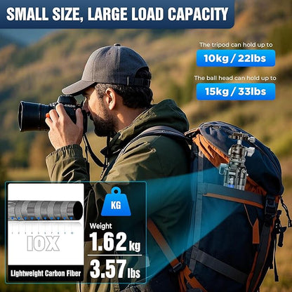 LEOFOTO Carbon Fiber Tripod with Leveling Base for Camera, 360° Rotating Ball Head, 1/4" QR Plate for Sport Camera/Phone/Projector, Compact Tripod with Panoramic Base, A Bubble Level, Max Load 22LB