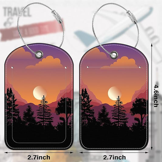 Abstract Mountain Forest Moon Leather Luggage Tag for Suitcase 2 Pack Luggage Tag with Privacy Name ID Label and Stainless Steel Loop for Travel Bag Suitcase