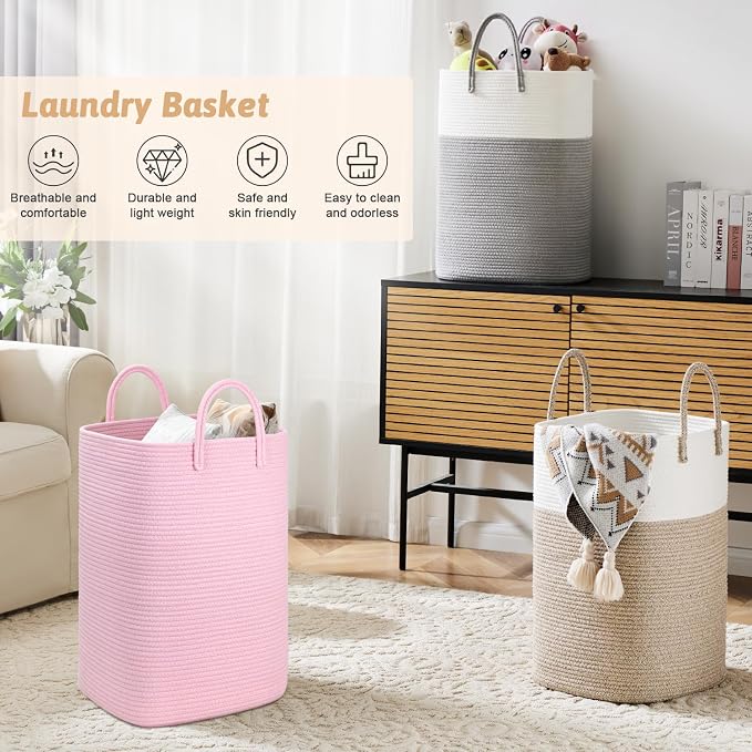 Laundry Basket, Woven Cotton Rope Laundry Hamper, 60L Versatile Storage - Image 4