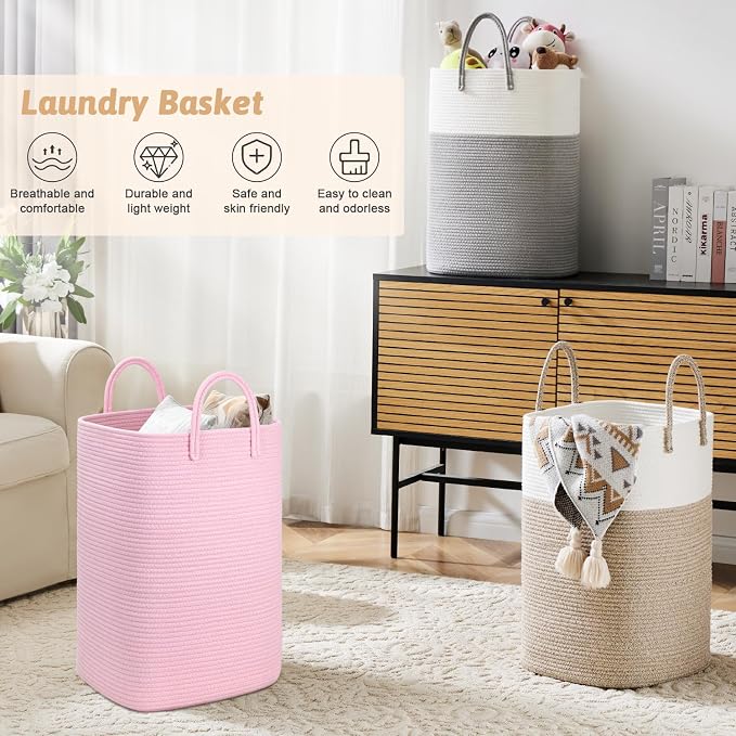 Laundry Basket, Woven Cotton Rope Laundry Hamper, 40L Versatile Storage - Image 4