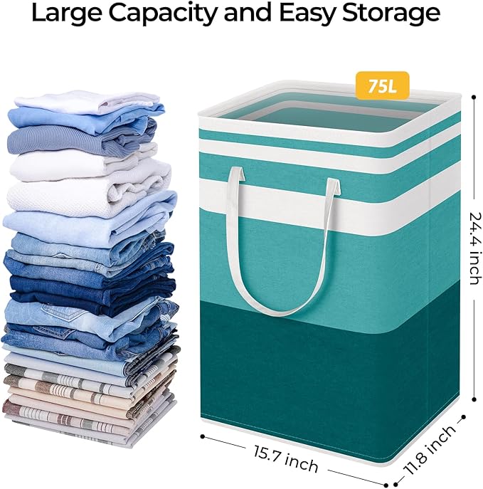 HomeHacks 2-Pack Large Laundry Basket, Waterproof, Freestanding Laundry Hamper, Collapsible Tall Clothes Hamper with Extended Handles for Clothes Toys in the Dorm and Family (Green, 75L)