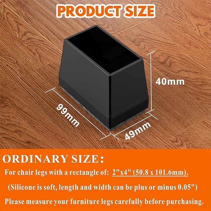 Rectangle Chair Leg Protectors for Hardwood Floors,16 PCS Silicone Covers to Protect Wood Tile Floors Felt Pads Furniture Leg Caps Reduce Noise. Easy to Move.(Black,2 x 4 Inch,Rectangular)