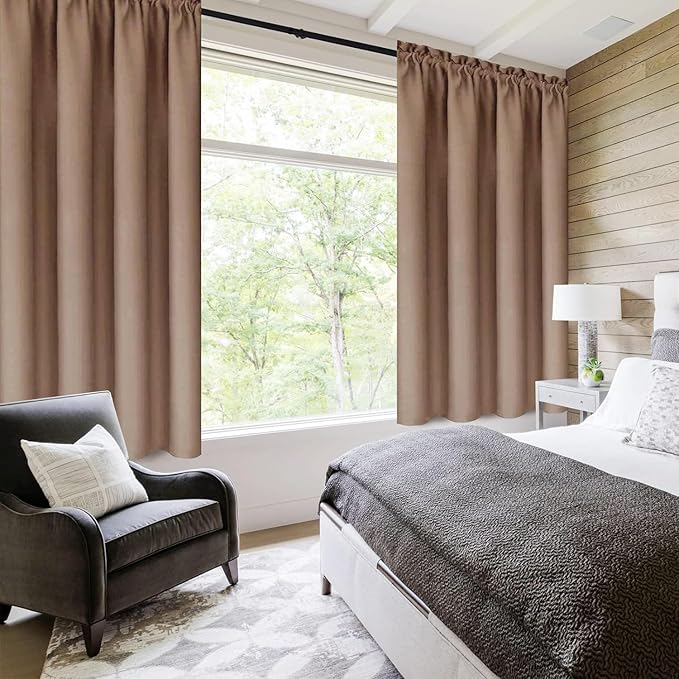 DWCN Blackout Curtains for Living Room Thermal Insulated, Energy Saving & Noise Reducing Bedroom Curtains, Khaki, W 70x L 63 Inch, Set of 2 Rod Pocket Curtain Panels