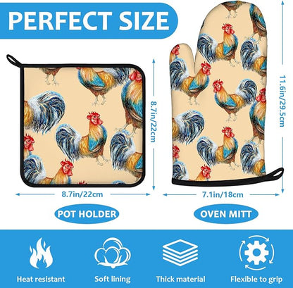 Watercolor Rooster Oven Mitts and Pot Holders Sets Heat Resistant 4Pcs - Image 2