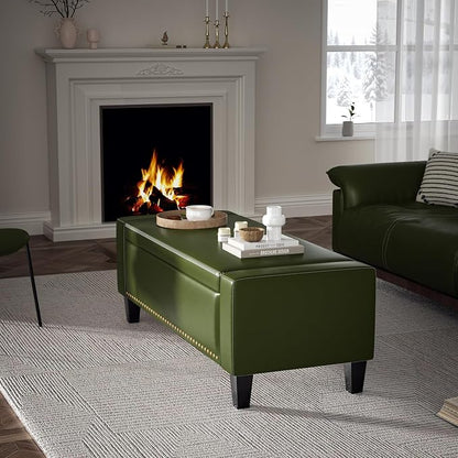 48.8" Storage Ottoman Bench Green | Faux Leather Bedroom Bench - Image 7