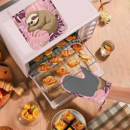 Pink Sloth Heat-Resistant Oven Mitts and Pot Holder Cute Animal Kitchen - Image 5