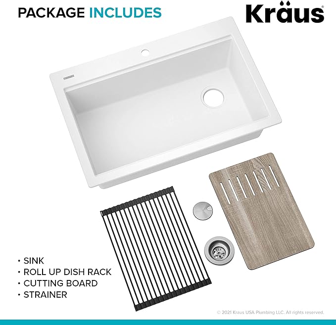 KRAUS Bellucci Workstation 33 in. Drop In Single Bowl Granite Kitchen Sink in White with Accessories, KGTW1-33WH