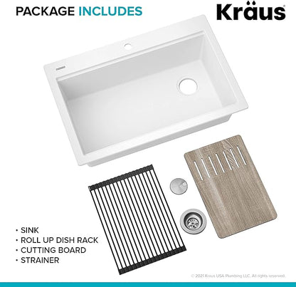 KRAUS Bellucci Workstation 33 in. Drop In Single Bowl Granite Kitchen Sink in White with Accessories, KGTW1-33WH