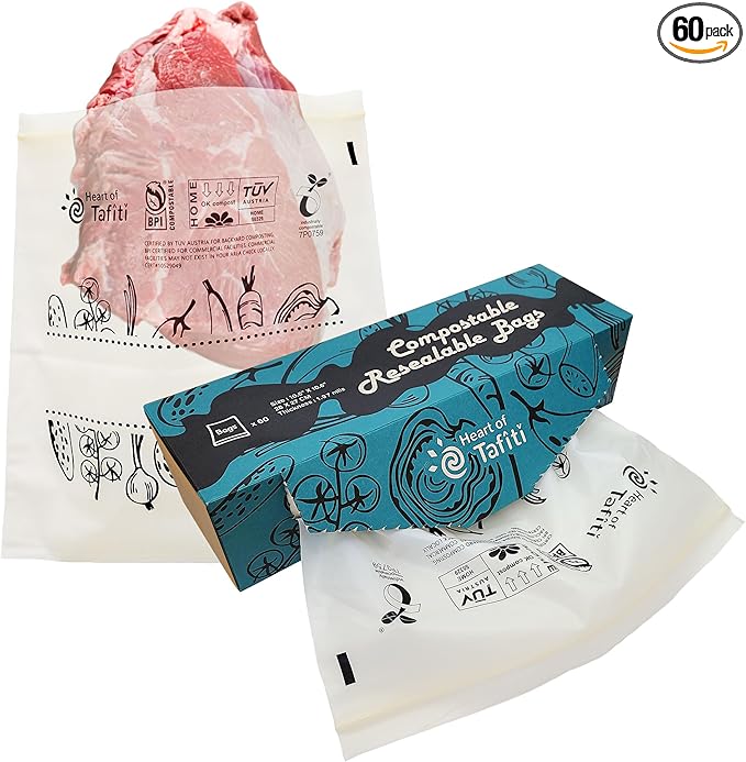 Compostable Food Storage Bags, Large Gallon Resealable Freezer Bags, 60 Count, 10.5 x 10.6 inches, Extra Thick and Reusable, Eco-Friendly, Certified US BPI ASTM D6400 Europe OK Compost