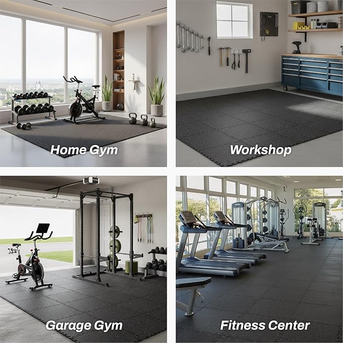 AIRHOP 0.56in Thick 24 Sq Ft Exercise Equipment Mats, 6 Tiles Upgraded Rubber Top with High Density EVA Foam, Large Interlocking Puzzle Gym Flooring for Home Gym, Heavy Weight Workout, 24 x 24in