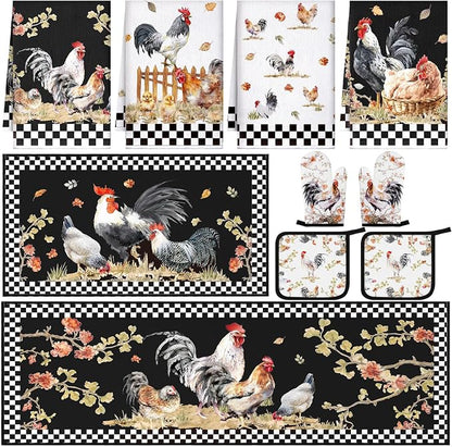 Fourluoo 10 Pcs Rooster Kitchen Dish Towels Rugs Oven Mitts and Pot Holders Set by Fourluoo