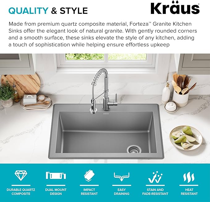 KRAUS Forteza 33-inch Drop In/Undermount Single Bowl Granite Kitchen Sink in Grey, KGD-54GREY