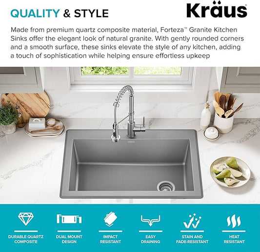KRAUS Forteza 33-inch Drop In/Undermount Single Bowl Granite Kitchen Sink in Grey, KGD-54GREY