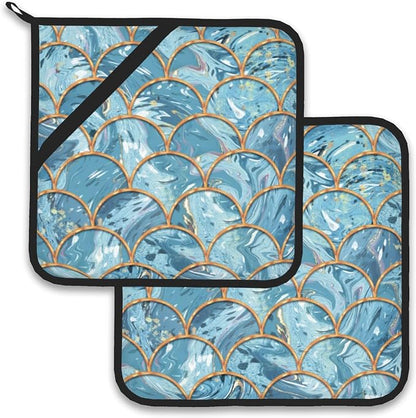 Mermaid Fish Scales Marble Pot Holder Set of 2, Heat Resistant Potholders Oven by Larkverk