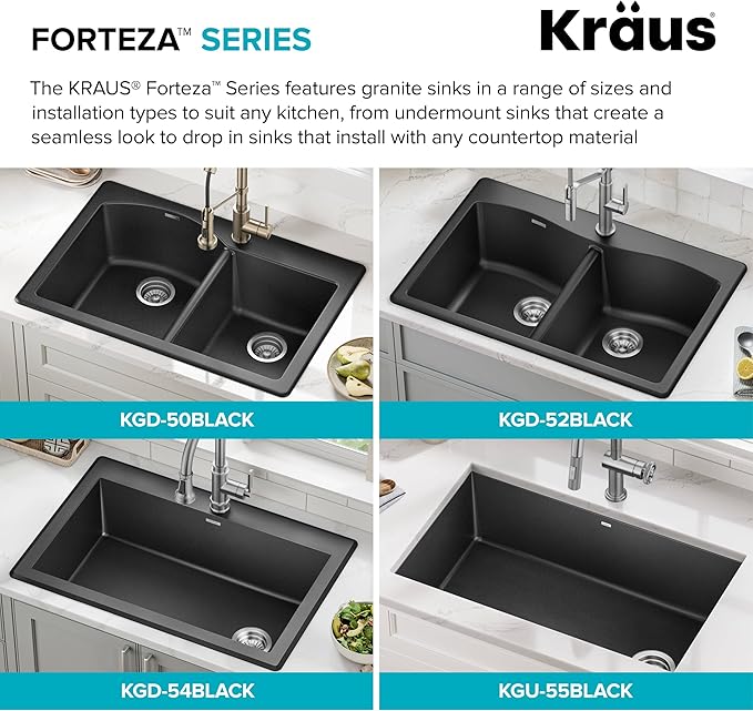 KRAUS Forteza 33-inch Drop In/Undermount 60/40 Double Bowl Granite Kitchen Sink in Black, KGD-50BLACK