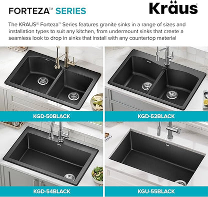 KRAUS Forteza 33-inch Drop In/Undermount 60/40 Double Bowl Granite Kitchen Sink in Black, KGD-50BLACK