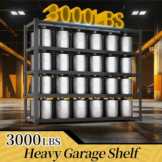 47.8" W Heavy Duty Garage Shelving 3000LBS Storage Shelves, Adjustable 5-Tier Storage Rack, Metal Shelves for Garage/Warehouse/Basement, 47.8" W x 19.8" D x 72" H, Black