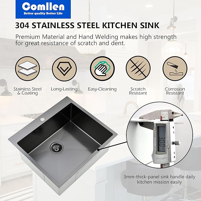 Comllen 25 x 22 Inch Drop In Black Kitchen Sink,Topmount 16 Gauge Stainless Steel Black Kitchen Sinks, 9 Inch Deep Utility RV Sink with Dish Grid and Basket Strainer
