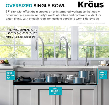 KRAUS Kore 57-inch Undermount Workstation 16 Gauge Single Bowl Stainless Steel Kitchen Sink with 10 Accessories, KWU210-57