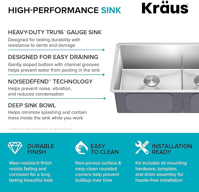 Kraus Kitchen Sinks Undermount - 32 Inch Stainless Steel Kitchen Sink, 60/40 Double Bowl, 16 Gauge, Model KHU103-32