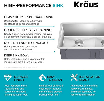 Kraus Kitchen Sinks Undermount - 32 Inch Stainless Steel Kitchen Sink, 60/40 Double Bowl, 16 Gauge, Model KHU103-32