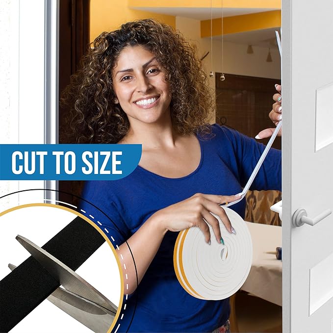 High Density Foam Weather Stripping Door Seal Strip Insulation Tape Roll for Insulating Door Frame, Window, Air Conditioner | Self Adhesive Sealing Weatherstrip (Black, 1/2 in x 1/4 in 30 Ft)