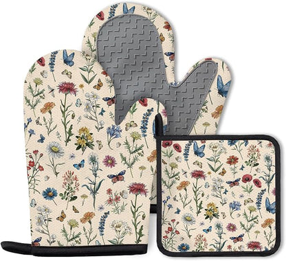 Vintage Floral Oven Mitts and Pot Holders 3Pcs, Retro Floral Silicone Oven by Unknown