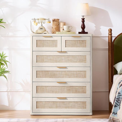 LEYAOYAO White Dresser for Bedroom, Modern 6 Drawers Boho Rattan Dressers - Image 8