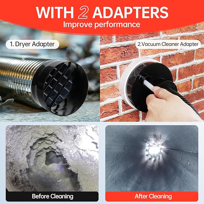 Dryer Vent Cleaner Kit, Bluesea 33-Piece Omnidirectional Dryer Cleaning Kit Include 40 Feet Dryer Vent Brush, Upgrade Noiseless Dryer Lint Vacuum Attachment, Lint Trap Brush, Vacuum & Dryer Adapters