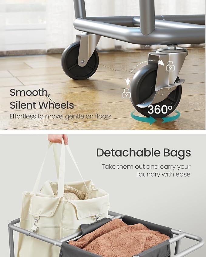 SONGMICS Laundry Basket with Wheels, 2-Section Laundry Sorter, 50.2 Gallons (190 L) Rolling Hamper with Removable Bags, Heavy-Duty Steel Frame, Cream White and Dark Gray URLS009X01