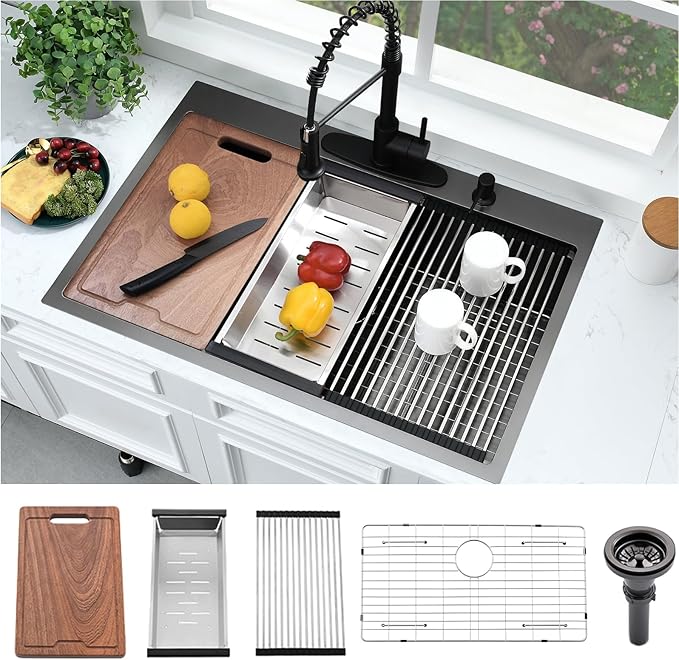 33 Inch Black Drop In Kitchen Sink Workstation-Bokaiya 33x22 Black Stainless Steel Kitchen Sinks Top Mount Ledge Workstation 16 Gauge 10" Deep Single Bowl Kitchen Sink with Cutting Board
