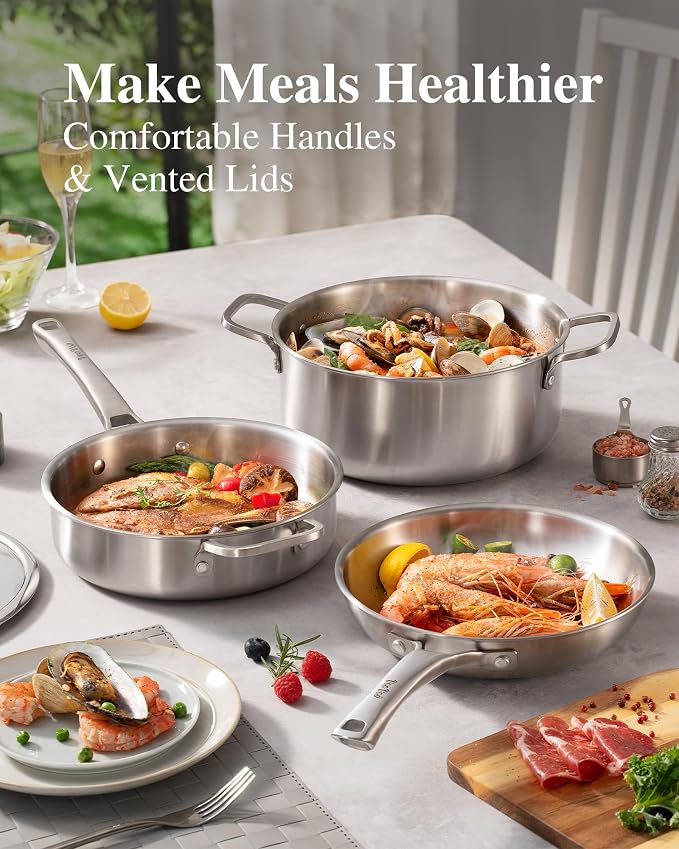 VocVoi Stainless Steel Pan Set, Frying Pan Set, 8/10/12 Inch Stainless Steel - Image 6