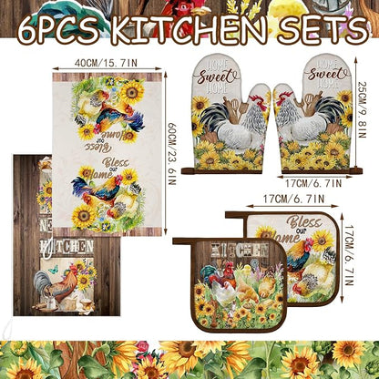 Leinuosen 6 Rooster Sunflower Farmhouse Kitchen Decor Dish Towels Oven Mitts - Image 3
