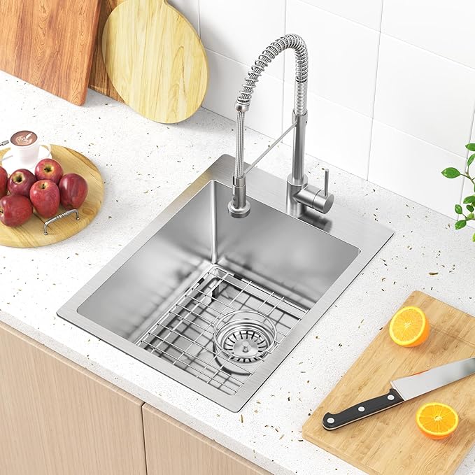 15x20 inch Drop in Bar Sink, 15 inch Small Kitchen Sink 18 Gauge Single Bowl Stainless Steel Topmount Bar Sink with Basket Strainer Drain & Bottom Grid