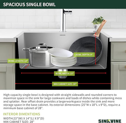 25-Inch Drop-In Kitchen Sink, SINKVINE 25" x 18" Stainless Steel Indoor and Outdoor Sink, Top Mount Large Deep Single Bowl Sink for Laundry Room, with Drain Strainer, Bottom Grid, Roll-up Drying Unit