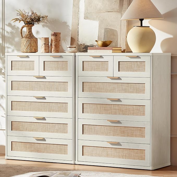 LEYAOYAO White Dresser for Bedroom Set of 2, Modern 6 Drawers Boho Rattan by LEYAOYAO-Findtheshiningpointofyourideallife%EF%BC%81