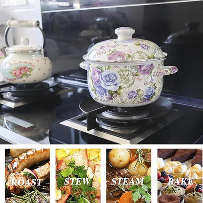 Enamel Stockpot with Lid, 2.5 Quart Retro Cooking Pot, Vintage Floral Stew Bean - Image 7